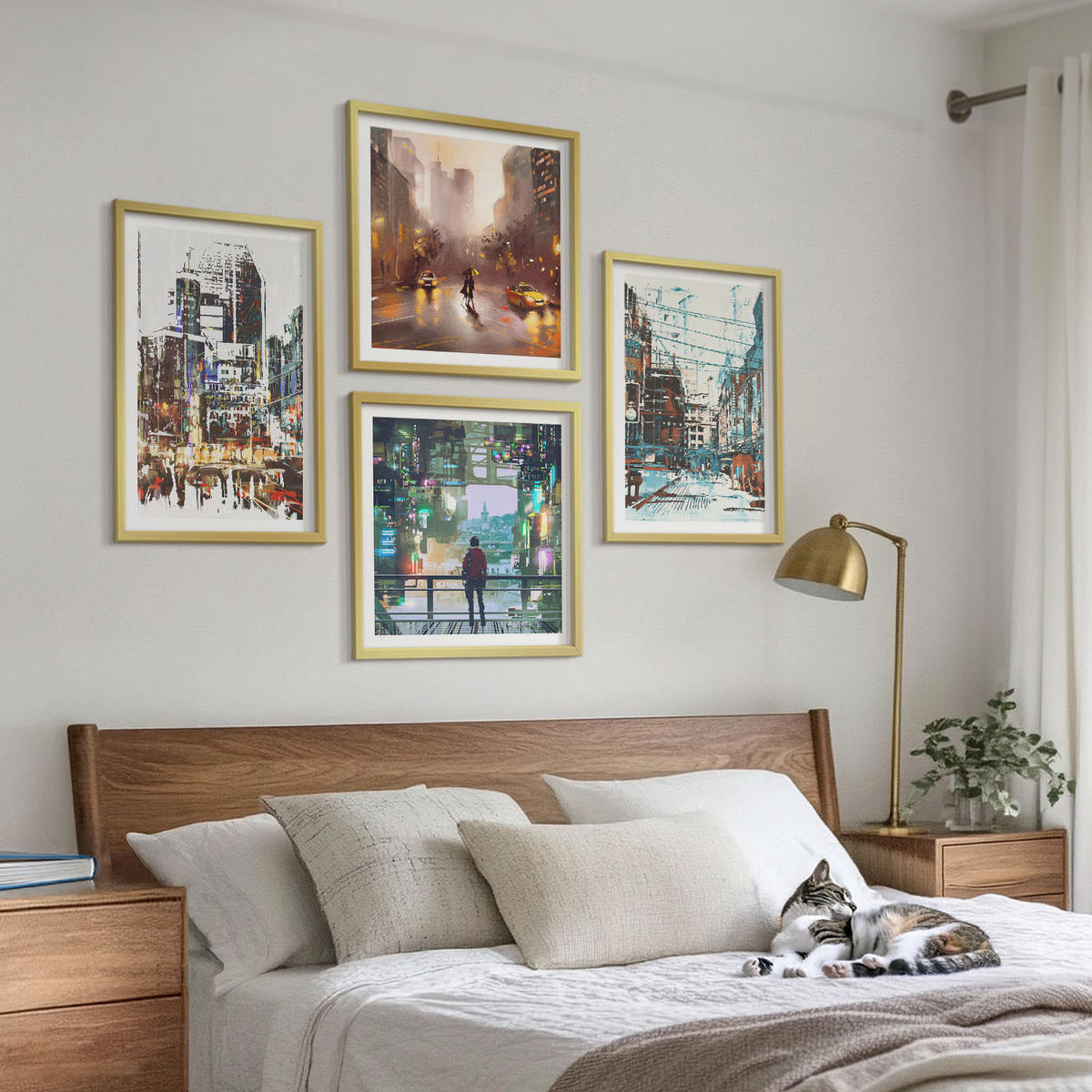 WANDBILDER 4er Set - 50x50 cm & 40x60 cm Goldrahmen - Moderne, farbenfrohe Städte mit Charakteren - Goldfarben, Kunststoff (50/50cm) - ArtPrintCave
