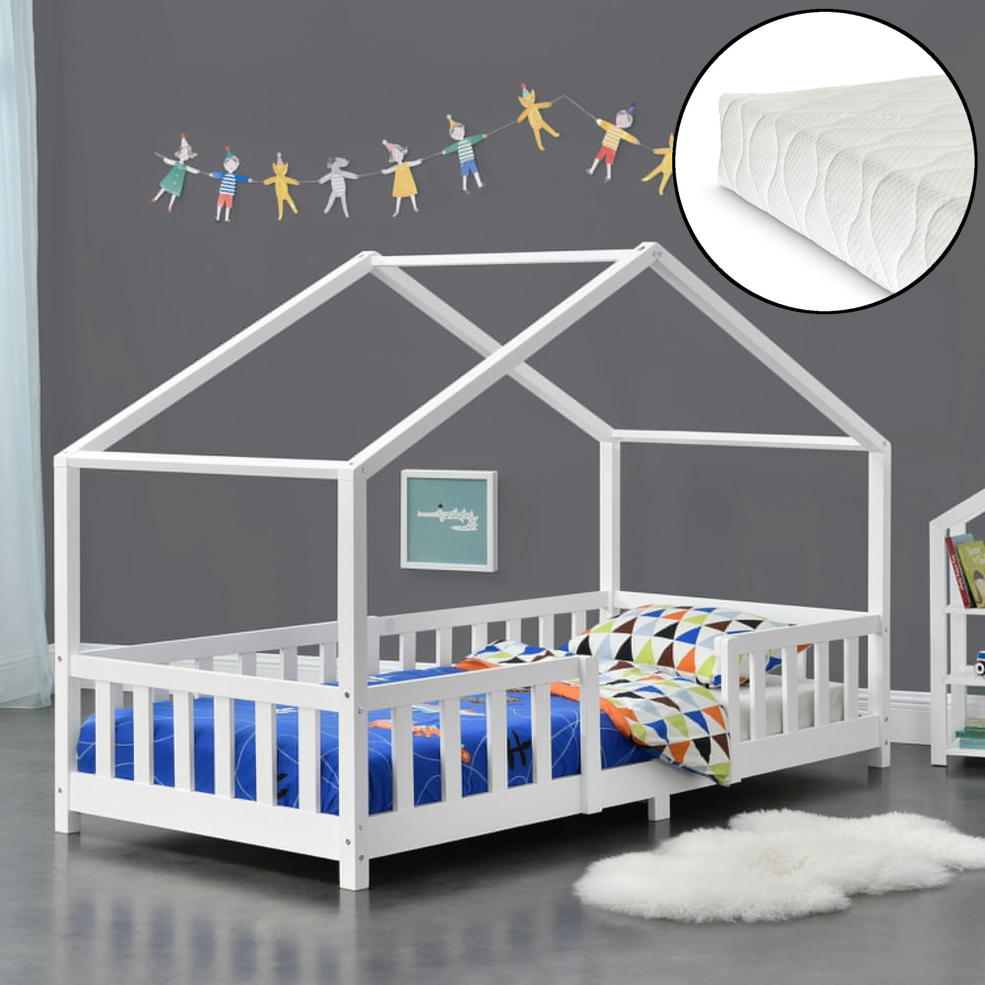 HAUSBETT Treviolo mit Matratze - Weiß, Holz/Textil (90/200cm) - [en.casa]