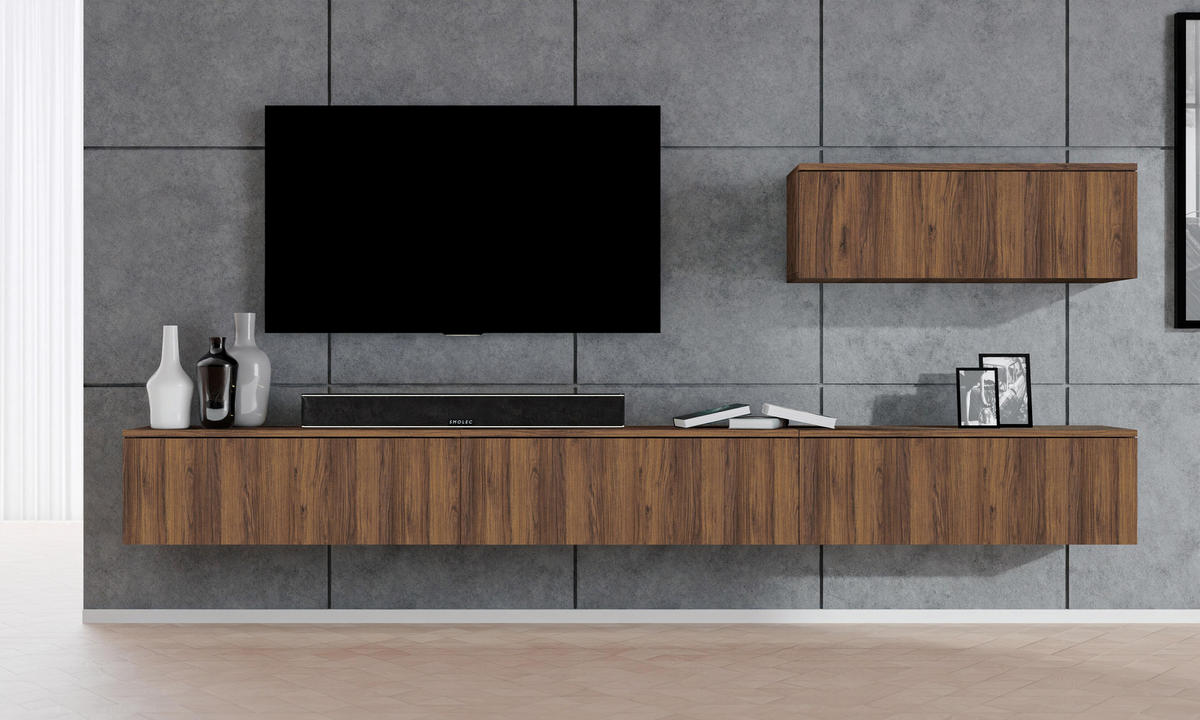 WOHNWAND Loriano IV Nussbaum Warmia 300/68/32 cm Anbauwand - Nussbaumfarben, Holzwerkstoff (300/68/32cm) - AX Living
