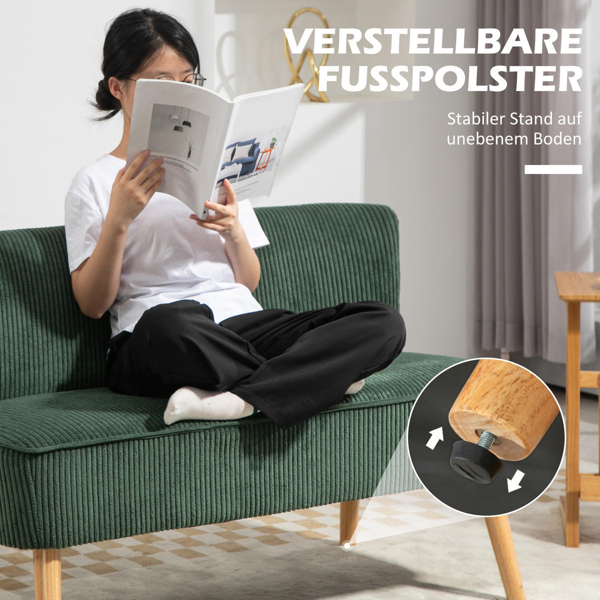 2 Sitzer Sofa, Gepolsterte Couch mit Kordoptik, Holzbeine für Wohnzimmer, Grün - Naturfarben/Grün, Holz/Textil (56.5/77/117cm) - HOMCOM