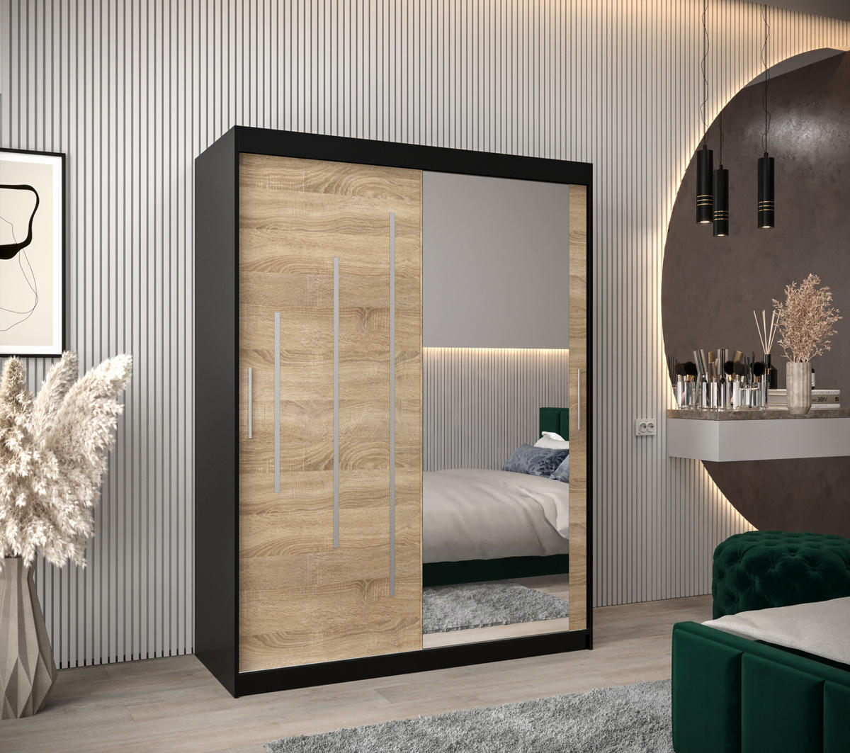 SCHWEBETÜRENSCHRANK 200/150/62 2-türig - Silberfarben/Schwarz, Holz/Kunststoff (150/200/62cm) - Abiks Möbel