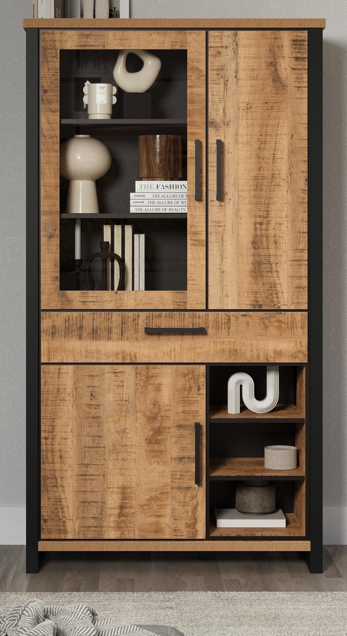 VITRINE Mango, schwarz 106 x 195 cm, Vitrinenschrank für Wohn- und Esszimmer - Schwarz/Naturfarben, Glas/Holzwerkstoff (106/195/45cm) - Top.Furn