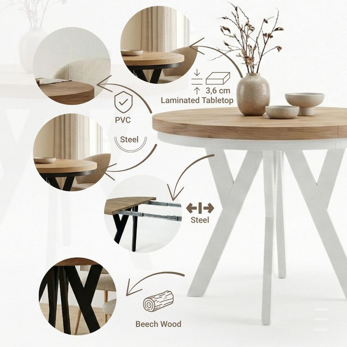 ESSTISCH Runder Ausziehbarer PERO 100/200 mit einem Ring-Gestell, Franklin Nuss / Weiß - Dunkelbraun/Weiß, Holz (200/100/77cm) - Dekori_Interiors