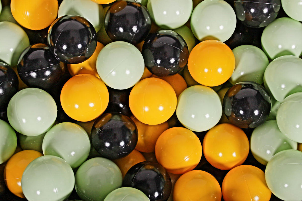 BÄLLE für Bällebad, Spielbälle, Plastikbälle für Kinder Set 50 pcs.: Hellgrün/Gelb/Schwarz - Schwarz Hochglanz, Textil (7/7/7cm) - MeowBaby