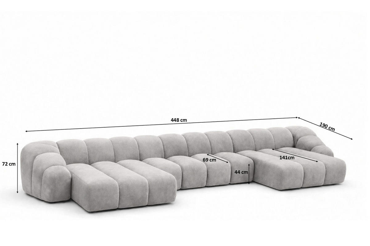 ECKSOFA Modulare U-Form, Veloursstoff Bluvel, Grau, CROISSANT U XL - Grau, Holz (448/72/190cm) - Kaiser Möbel