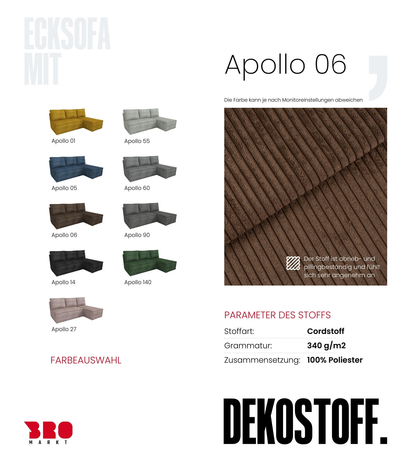 Thumbnail - Bromarkt Ecksofa, Braun, Textil, 3-Sitzer, Ottomane links, seitenverkehrt montierbar, L-Form, 200x141 cm, Wohnzimmer, So...