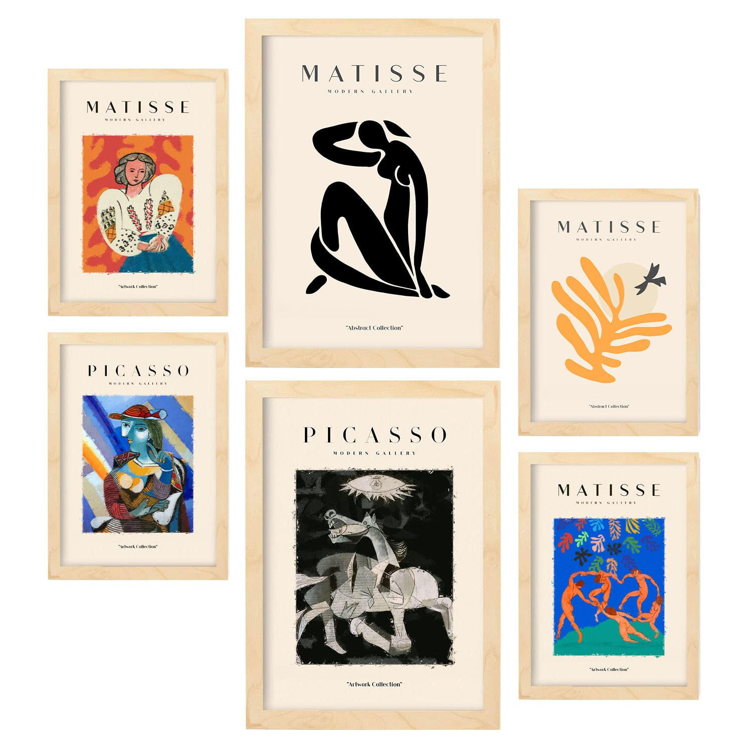 POSTER Set Mit 6 Von Picasso Und Matisse Abstrakte Gemälde Drucke Des Fauvismus Und Surrealismus Für Innenarchitektur A3 & A4 Rahmen Aus Hellem Holz - Beige, Papier (29/3cm) - Nacnic