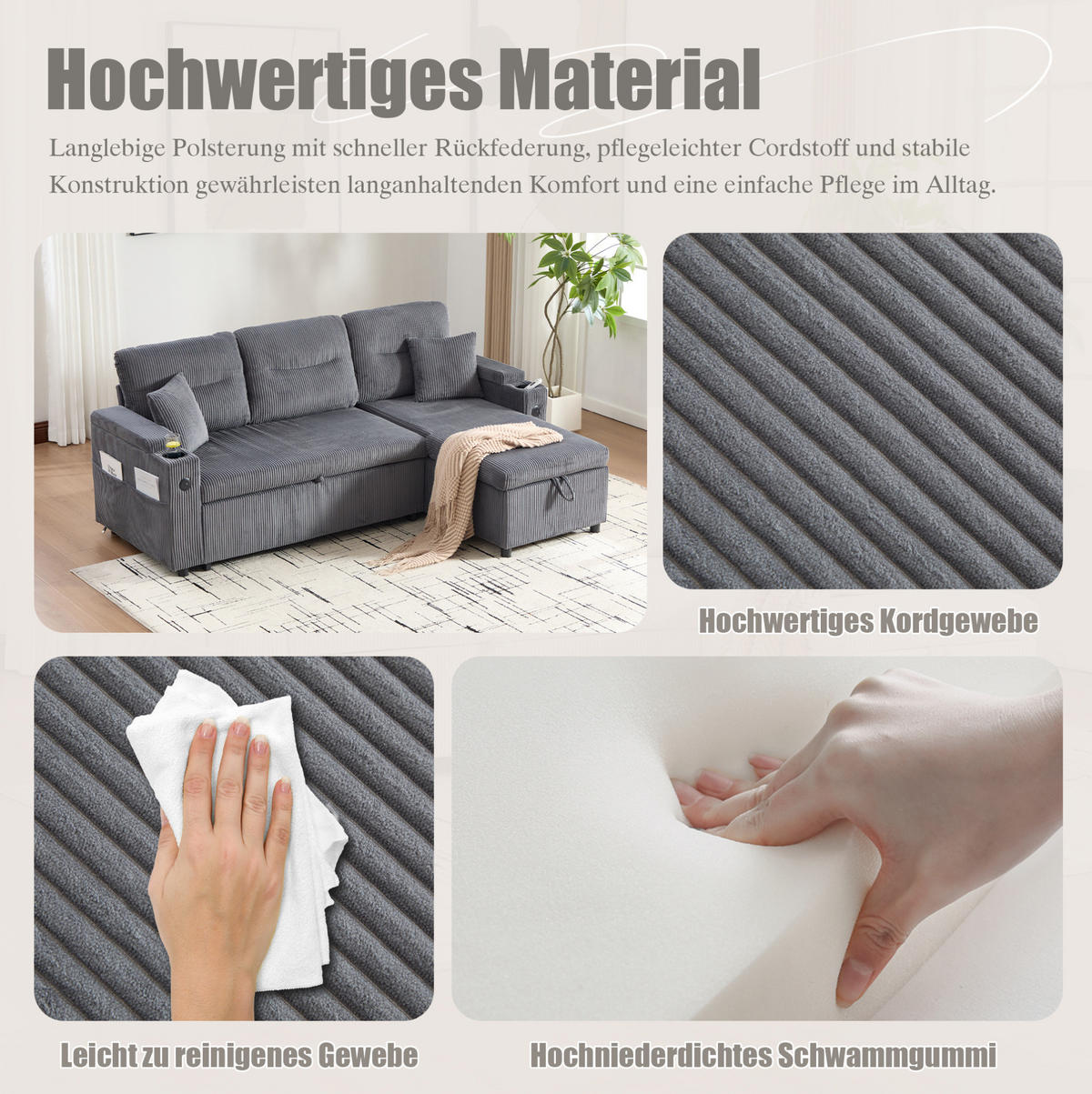 SOFA 212,5/136/86 cm aus Cord mit Stauraum und USB-C - Anthrazit, Textil (136/86/212.5cm) - Flora Grace