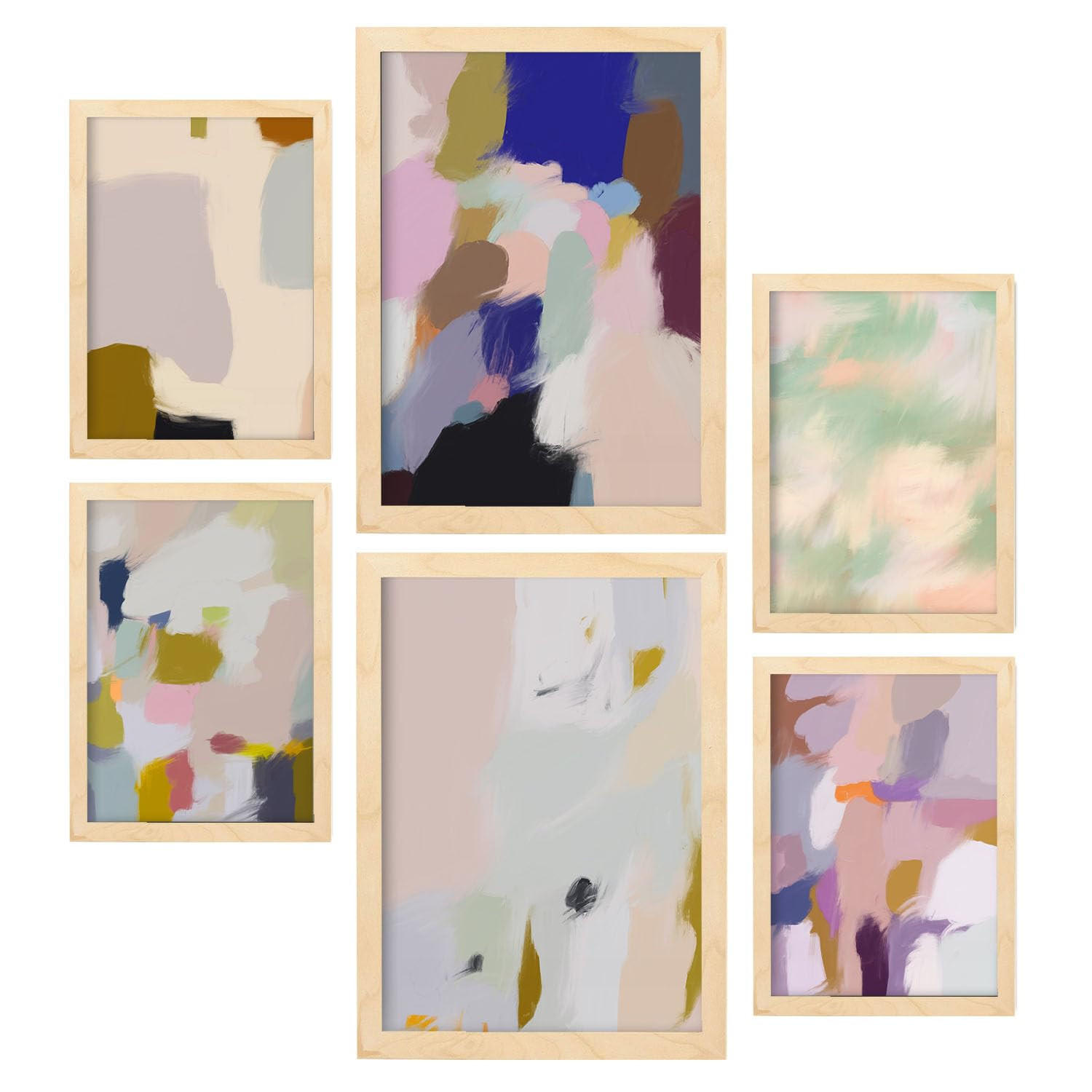 POSTER Set Mit 6 Farbe Stokes In Zusammenfassungen A3 & A4 Rahmen Aus Hellem Holz - Beige, Papier (29/3cm) - Nacnic