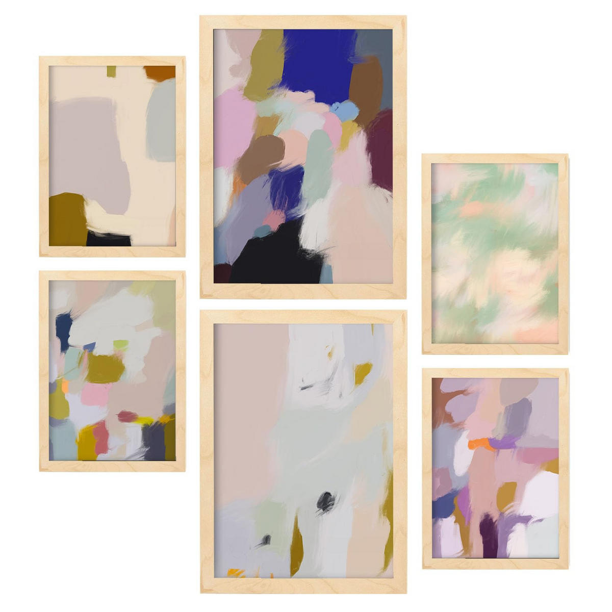 POSTER Set Mit 6 Farbe Stokes In Zusammenfassungen A3 & A4 Rahmen Aus Hellem Holz - Beige, Papier (29/3cm) - Nacnic