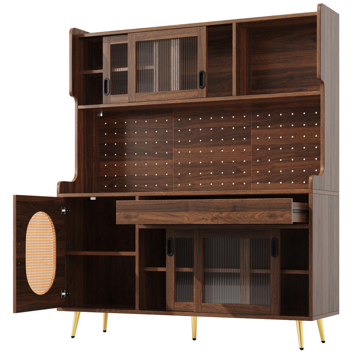 BUFFETSCHRANK 145/39/171 cm braun aus MDF mit LED, Lochplatte und Fluted-Glas-Türen - Braun, Holzwerkstoff (145/171/39cm) - OKWISH