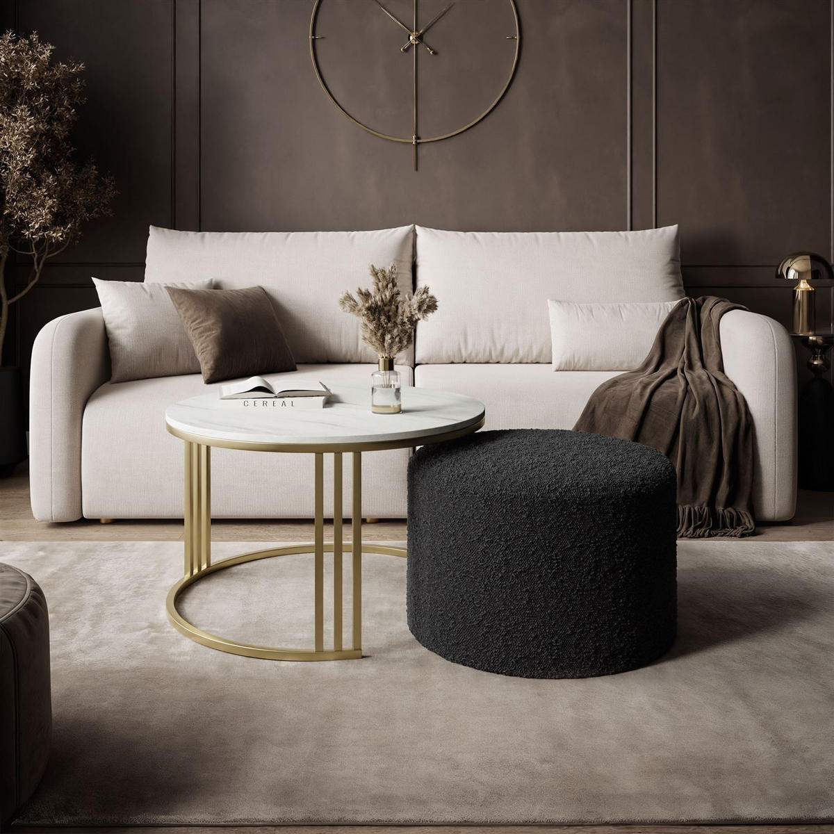 COUCHTISCH mit Hocker LORI MAT gebürstetes Gold/Marmor Levanto/Coral 60 - Weiß, Metall (70/70/49cm) - Lookway