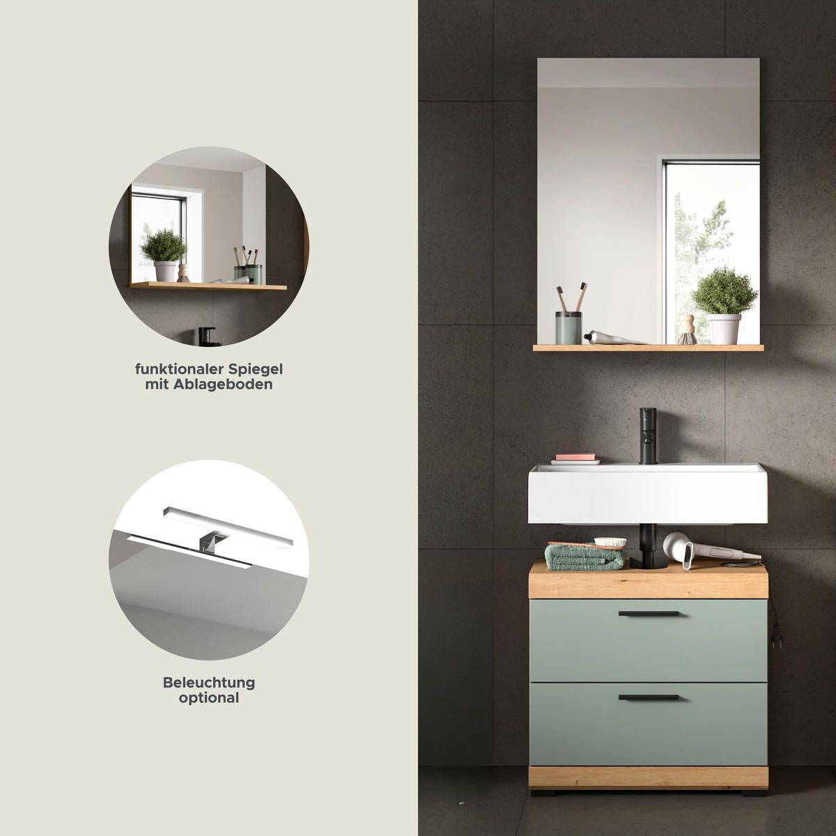 BADKOMBINATION 2tlg. Scout Bad in Artisan Eiche Nachbildung und Salbei Nachbildung B/H/T: 60x191x34 cm - Eiche Artisan, Holz (60/191/37cm)