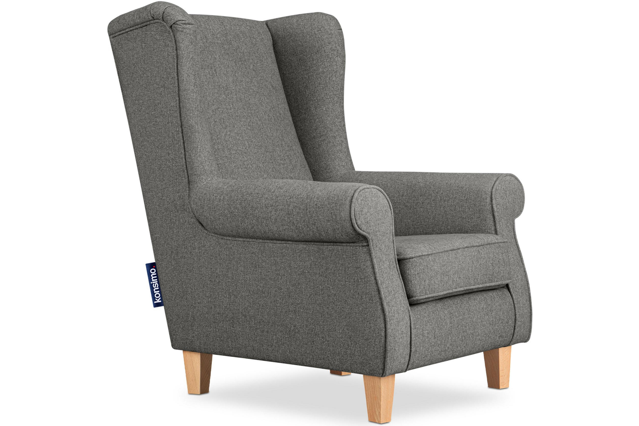 OHRENSESSEL MILES Massivholzbeine, grau/buchenfarben - Graubraun, Holzwerkstoff/Buchenholz (82/105/97cm) - KONSIMO®