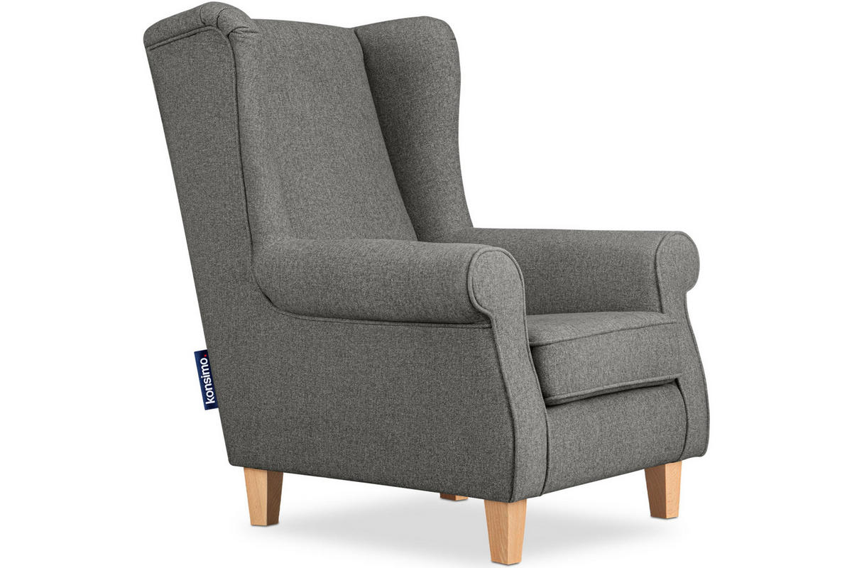 OHRENSESSEL MILES Massivholzbeine, grau/buchenfarben - Graubraun, Holzwerkstoff/Buchenholz (82/105/97cm) - KONSIMO®