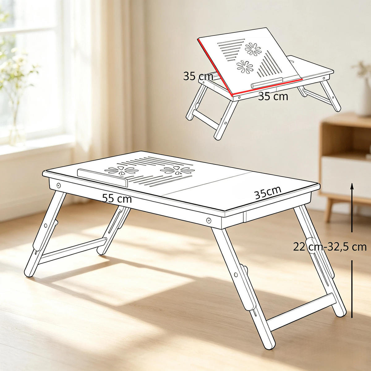 LAPTOPTISCH DE-37258 klappbar höhenverstellbar mit Schublade Natur - Naturfarben, Naturmaterialien (55/35/32.5cm) - ComfortXL