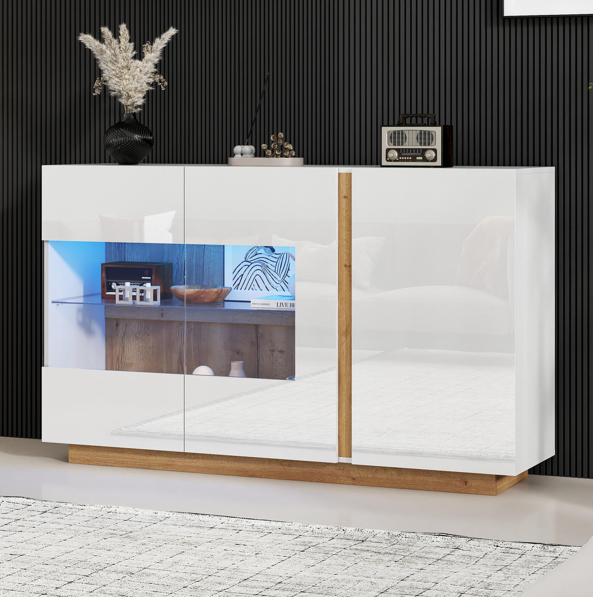 SIDEBOARD 138/38,5/90,5 cm in Weiß Hochglanz mit 3 Türen und LED-Beleuchtung - Weiß, Holzwerkstoff (138/90.5/38cm) - Flora Grace