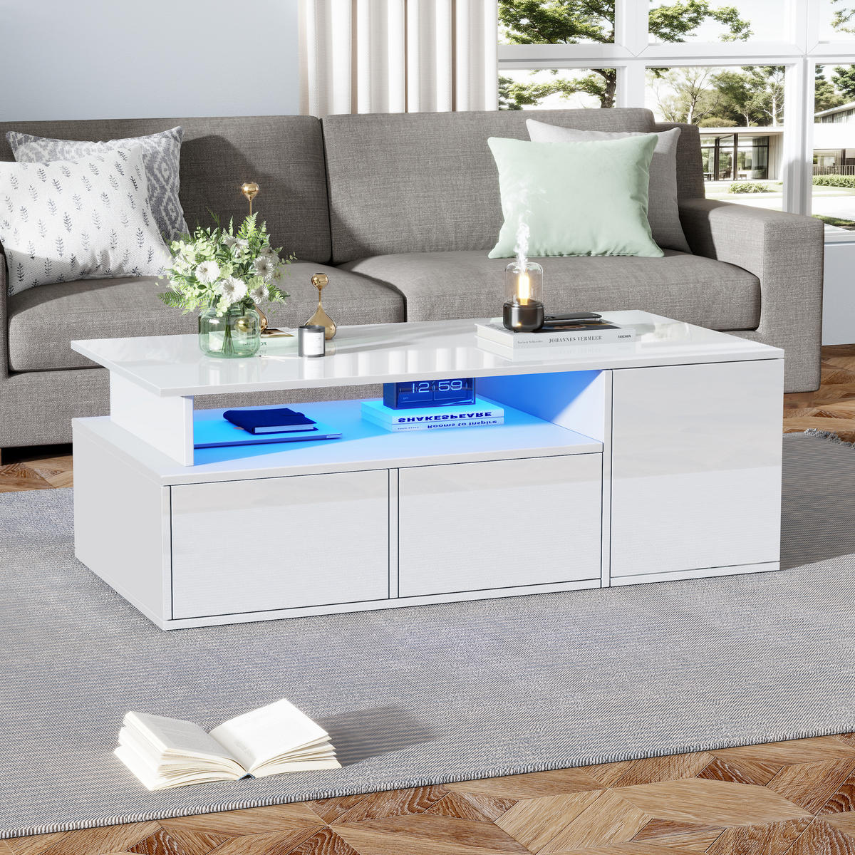 COUCHTISCH LED mit App-Steuerung Hochglanz Oberfläche Weiß mit Doppelschubladen 60 kg Tragkraft - Weiß, Holzwerkstoff/Metall (100/50/35cm) - EVRYAE