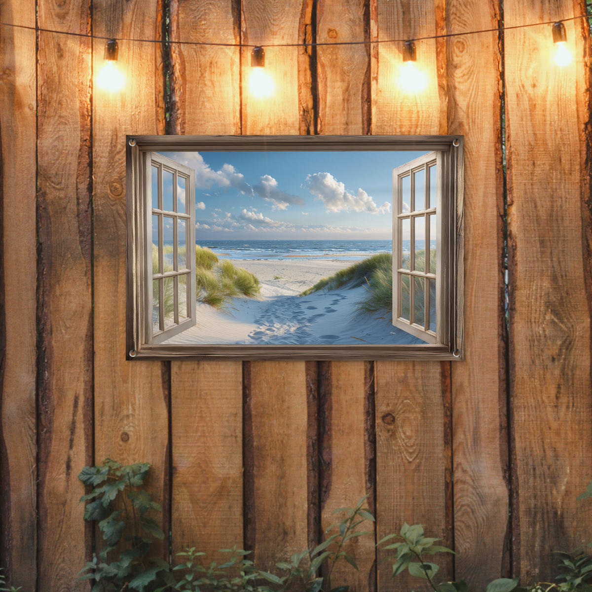 ZAHRADNÍ PLAKÁT Pohled - Pláž - Okno - Duny - Moře 90x60 cm - světle modrá, plast (90/60/0.2cm) - OnlyWow