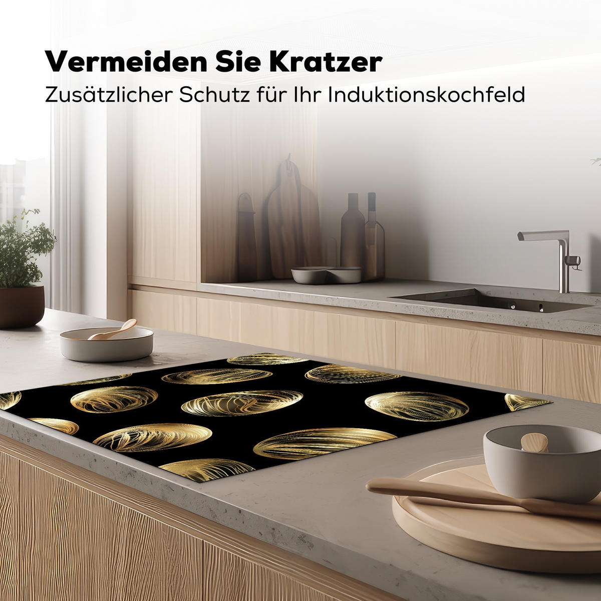HERDABDECKPLATTE Eier - Gold - Muster Induktionsmatte 78x78 cm - Schwarz, Kunststoff (78/78/0.2cm) - MuchoWow