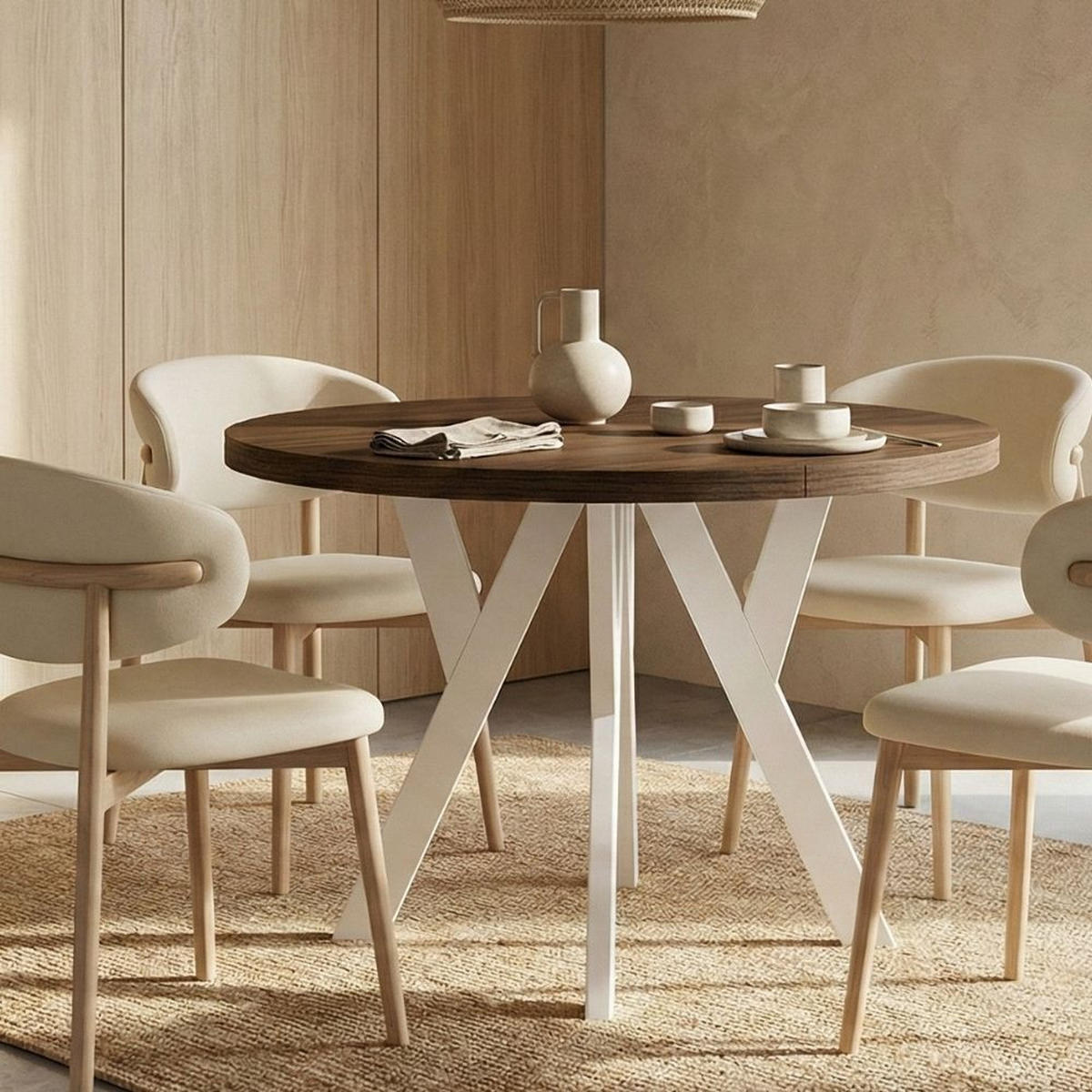 ESSTISCH Runder Ausziehbarer PERO 90/140, Franklin Nuss / Weiß - Dunkelbraun/Weiß, Holz (140/90/77cm) - Dekori_Interiors