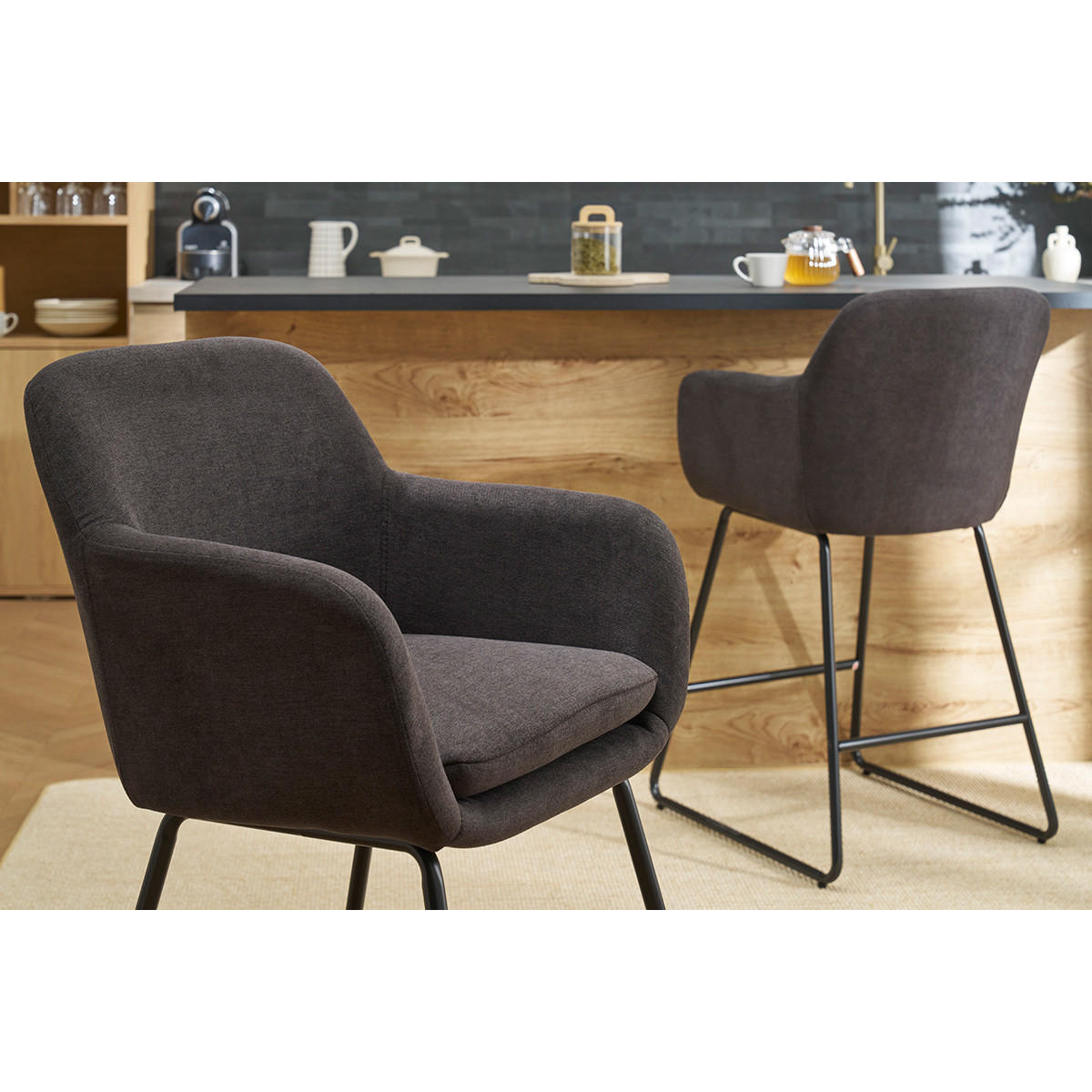 BARHOCKER Samteffekt Dunkelgrau H65 (2er-Set) AMIKA - Dunkelgrau, Textil (55/96/53cm) - Miliboo