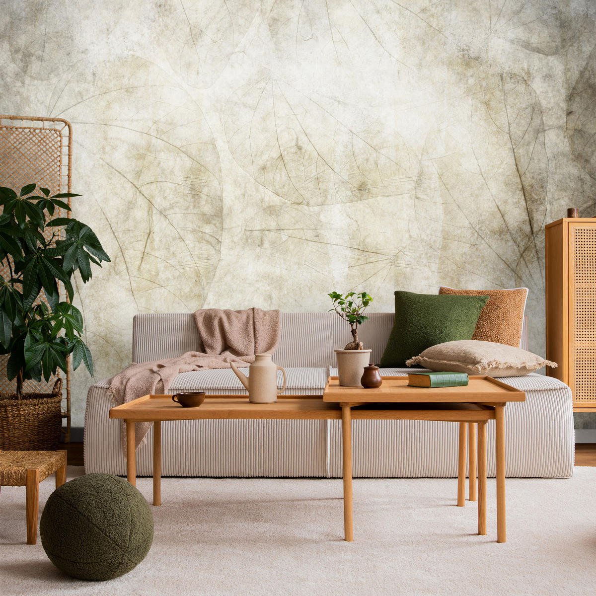 FOTOTAPETE für Wohnzimmer Blätter Beton Abstraktion 250x175 - Beige/Grau, Papier (250/175cm) - Muralo