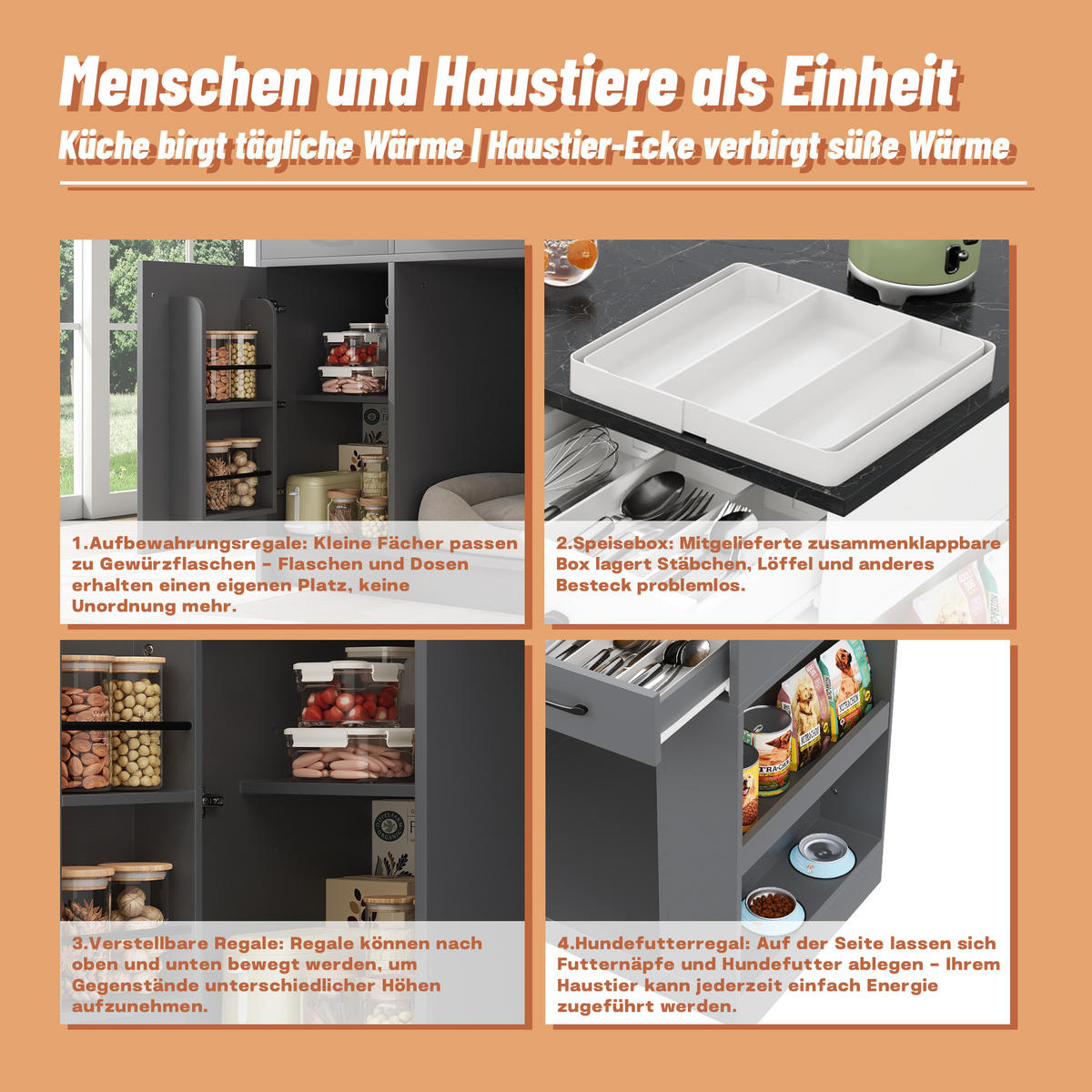 SERVIERWAGEN 120x46x85cm Grau mit Gewürzregal & verstellbaren Regalen - Grau, Holzwerkstoff (120/90/60cm) - Modfu