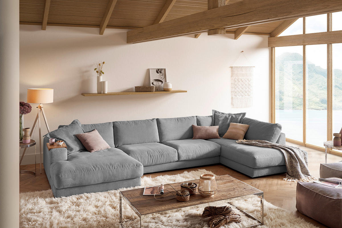 WOHNLANDSCHAFT MADELINE Grau Cord - Schwarz/Grau, Kunststoff/Textil (425/86/224cm) - KAWOLA