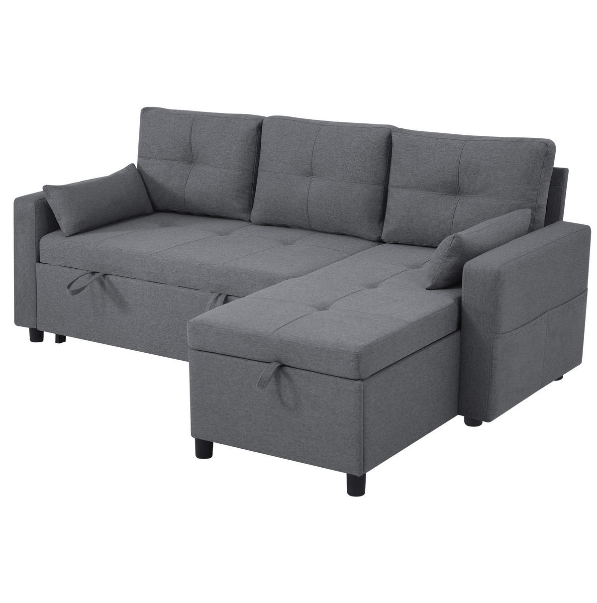 ECK-SCHLAFSOFA, Leinen mit Stauraum & Getränkehalter, 211/136/87 cm, Grau - Grau, Textil (136/87/211cm) - Redom