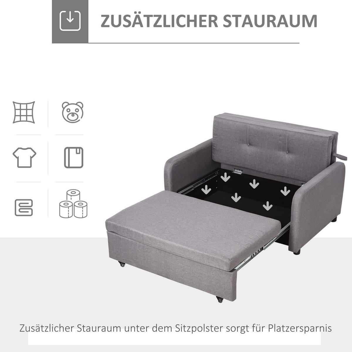 SCHLAFSOFA mit Stauraum, Grau - Grau, Textil (136/84/92cm) - HOMCOM