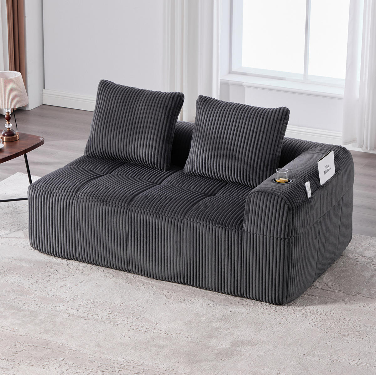 SOFA od samta s rebrastom strukturom, 158/93/61 cm tamnosiva, s bočnim džepovima i držačima - tamno siva, tekstil (90/60/160cm) - BEAOK