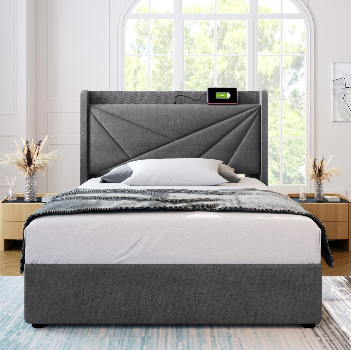 BETT mit Bettkasten und USB/Typ-C 90x200 cm Baumwoll-Leinen Grau inkl. Matratze - Grau, Metall (90/200cm) - Meubliv