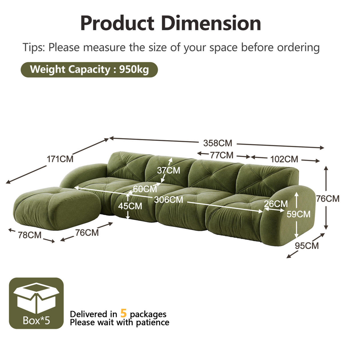 ECKSOFA 358/171/76 cm modular grün aus Chenille mit flexiblem System und 32D-Schaumstoff - Grün, Textil (171/358cm) - OKWISH