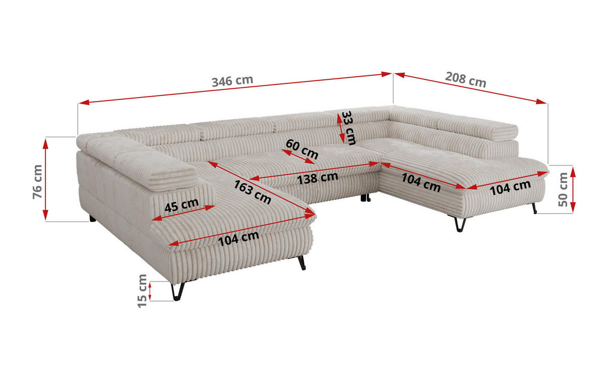 WOHNLANDSCHAFT PABLO U Cord Beige mit Topper Visco - Beige/Schwarz, Textil/Metall (346/76/208cm) - MKS