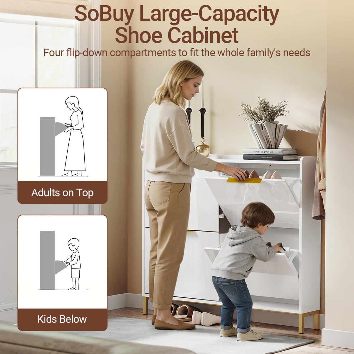 SCHUHSCHRANK weiß hochglanz, 100 x 88 x 19 cm, 4 Klappen für ca. 8 Paare bis EU 46, goldene Griffe und Füße - Weiß, Holzwerkstoff (100/90/19cm) - SoBuy