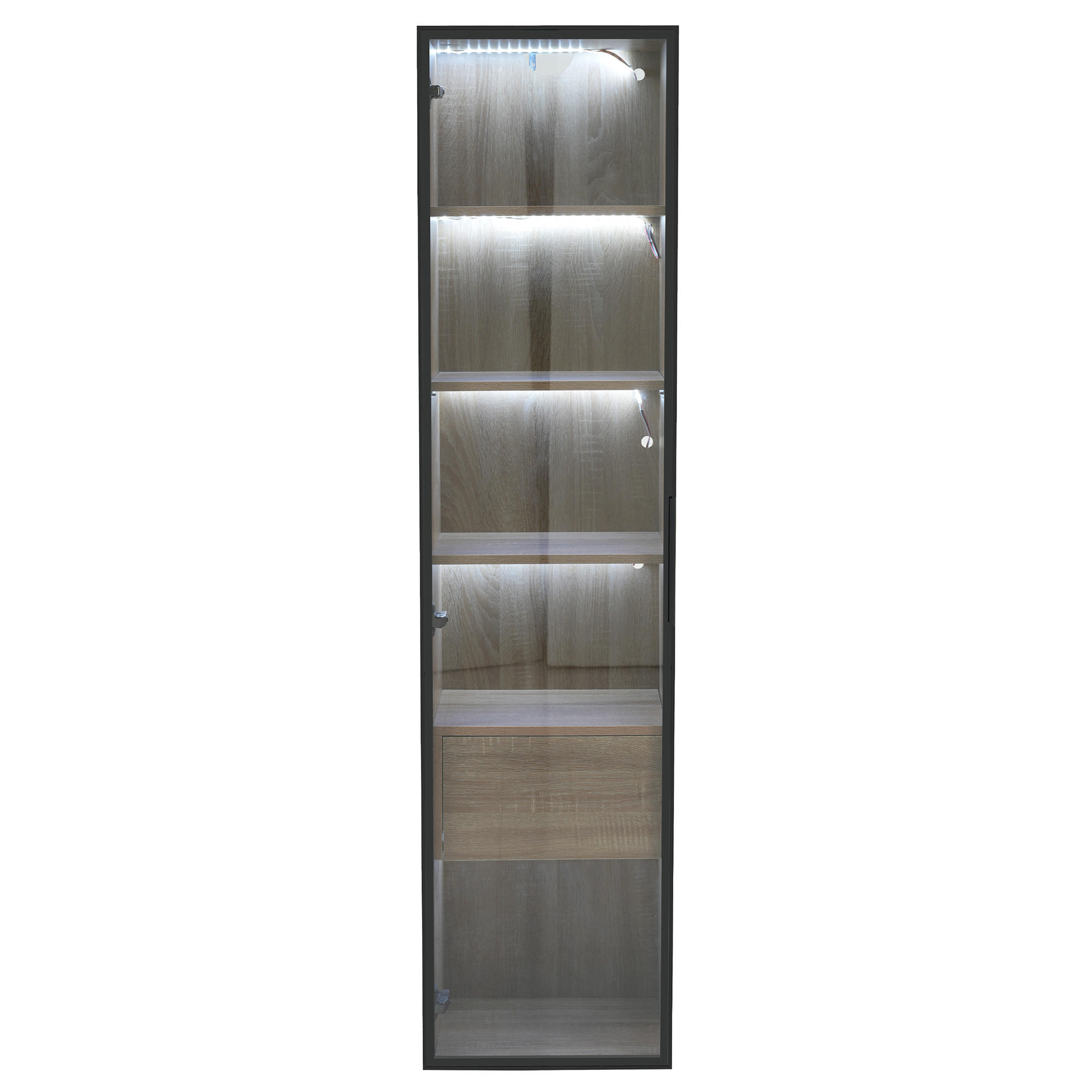 HOCHSCHRANK Naturfarben mit Glastür, Schublade und Lichtleiste 40/34,5/165 cm - Naturfarben, Holzwerkstoff (40/165/34.5cm) - PANGIVO