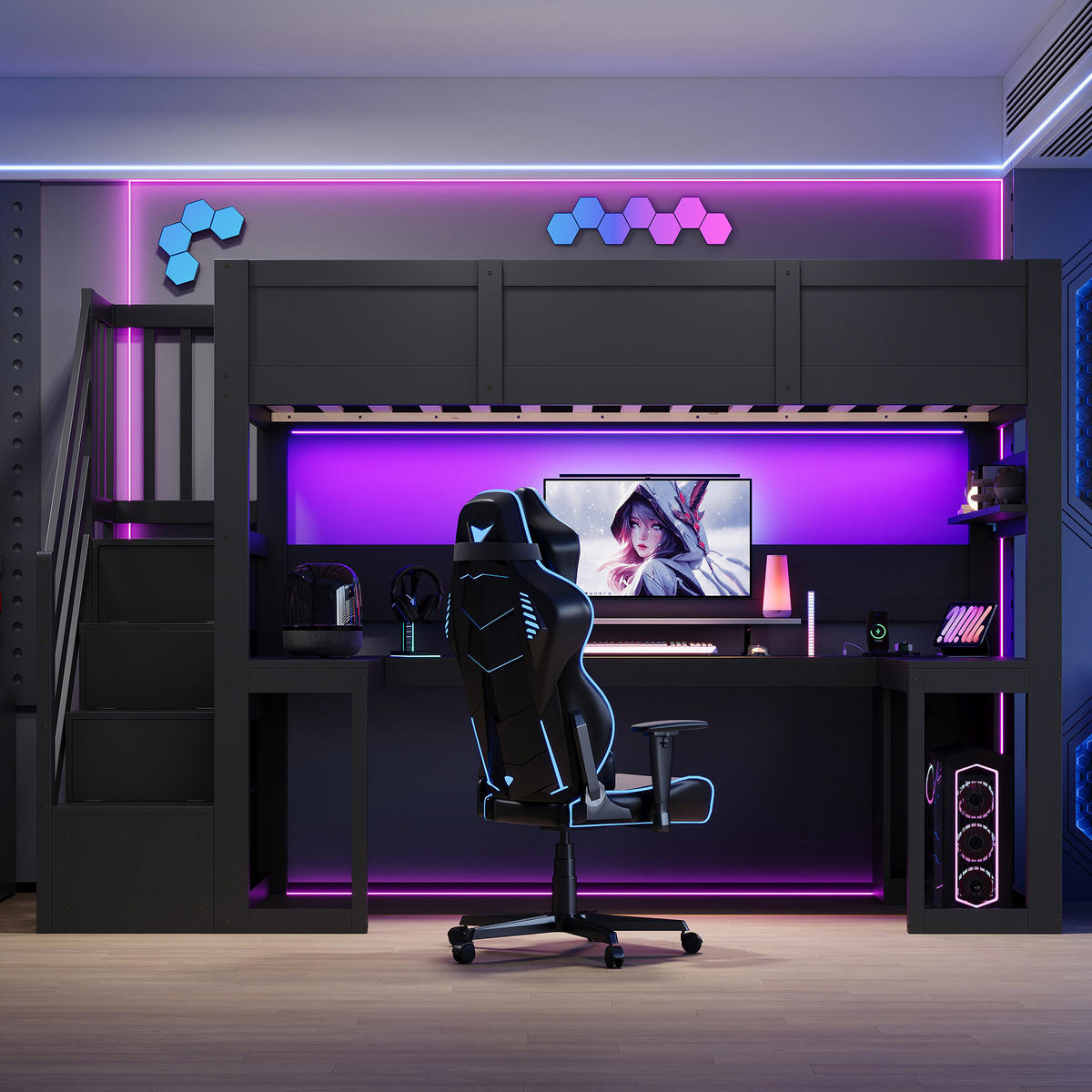 HOCHBETT 90 x 200 cm mit Schreibtisch LED-Beleuchtung und USB-Anschluss, Schwarz - Schwarz, Holz (90/200cm) - KOMHTOM