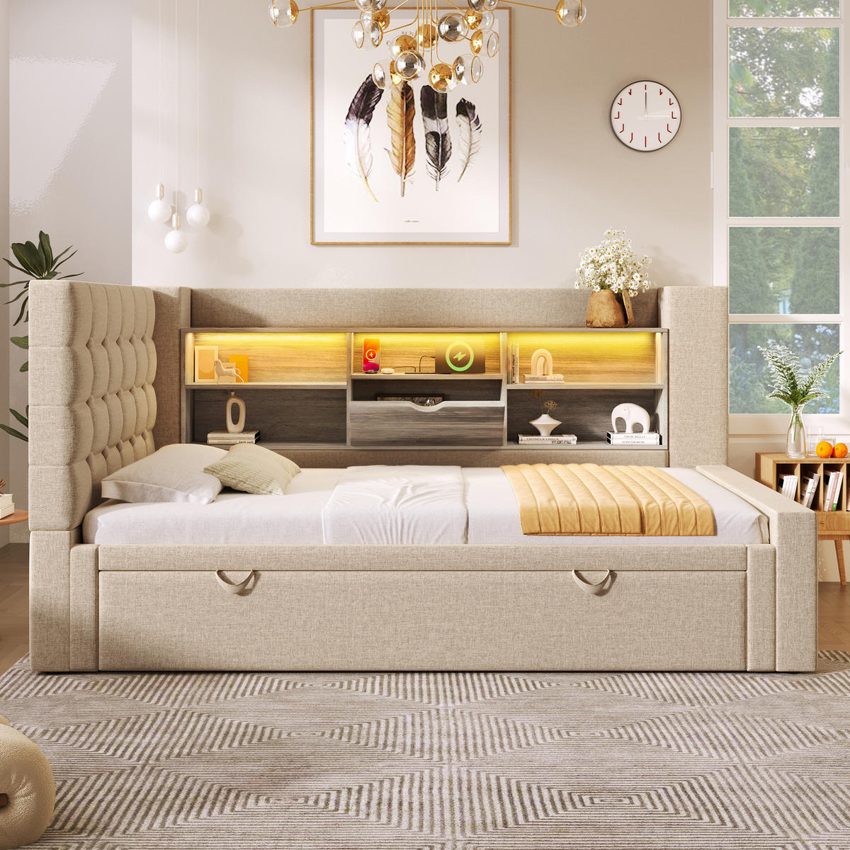 POLSTERBETT 90/200 cm aus Leinen mit Ausziehbett 90/190 cm, LED, USB-C, Stauraum und L-förmigem Kopfteil, Beige - Beige, Textil (90/200cm) - Redom