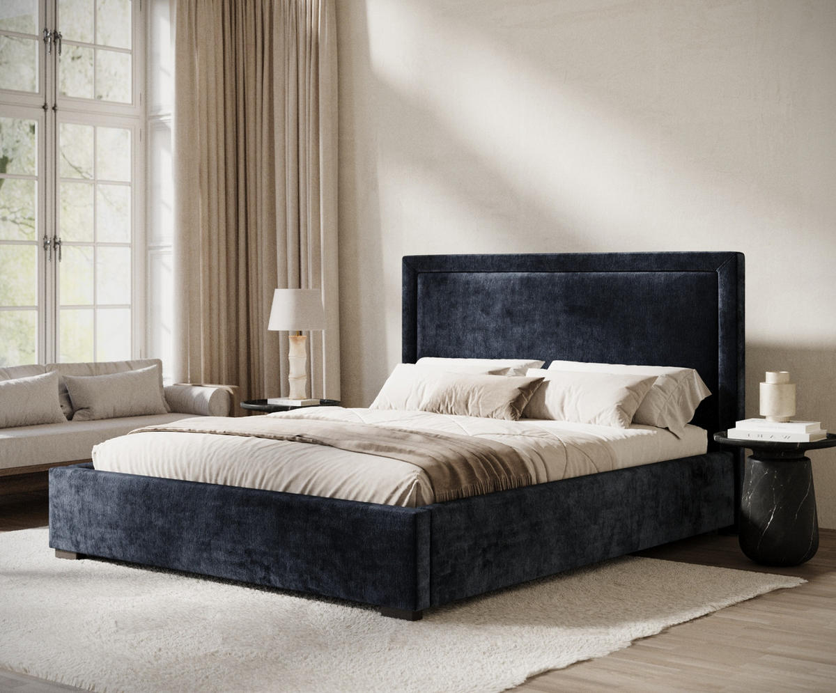 POLSTERBETT Ordina Marineblau 180/200 cm im Chenille-Stoff - Schwarz/Naturfarben, Holz/Holzwerkstoff (180/200cm) - Maison de Reve