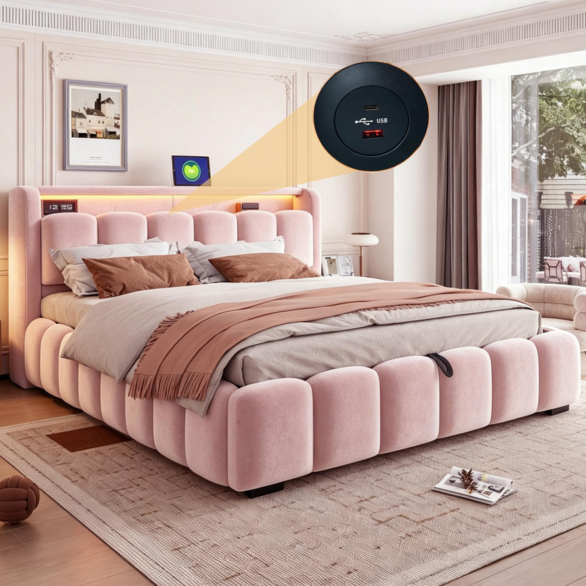 BOXBETT 180/200 mit LED/USB-C, Samt, Rosa - Rosa, Holz (180/200cm) - LVHOM