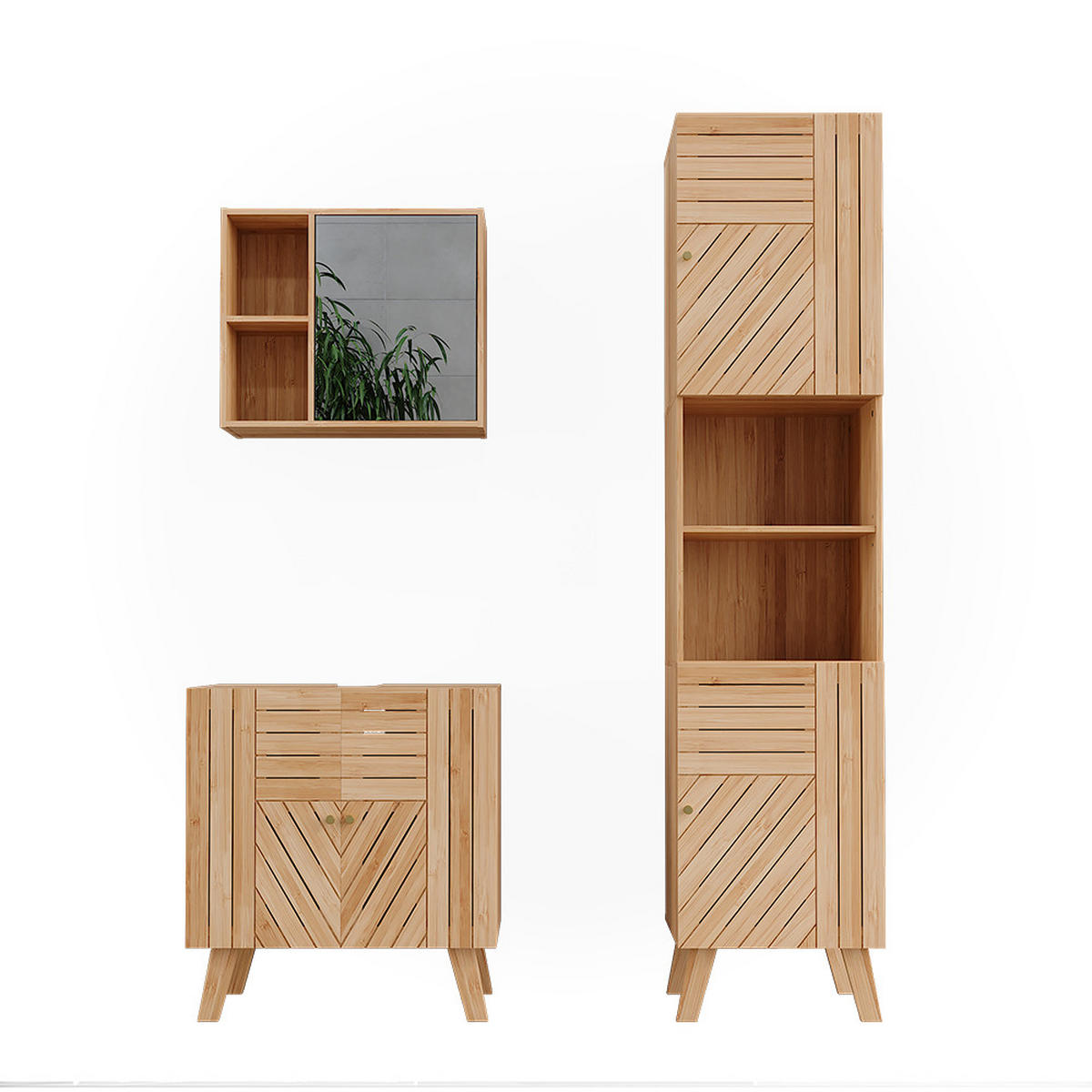 BADMÖBEL-SET Lucie Bambus 3 Teile, mit Hochschrank - Grün, Holzwerkstoff (60/65/36cm) - Vicco