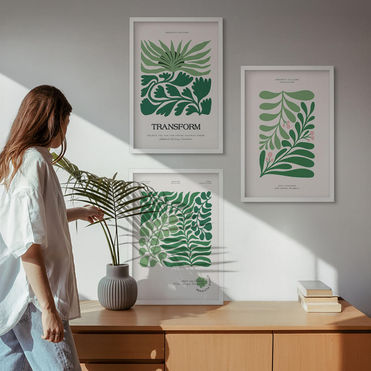 WANDBILDER 3er-Set - 40x60 cm Weißer Rahmen - Formen grüner Blätter - Weiß, Kunststoff (40/60cm) - ArtPrintCave