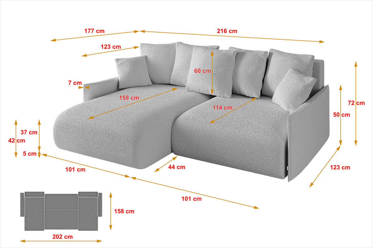 ECKSOFA Ottomane links ONESK-L -v1 216x177x72 Hellgrau Bouclé - Hellgrau, Holzwerkstoff/Kunststoff (216/177cm) - ALTDECOR