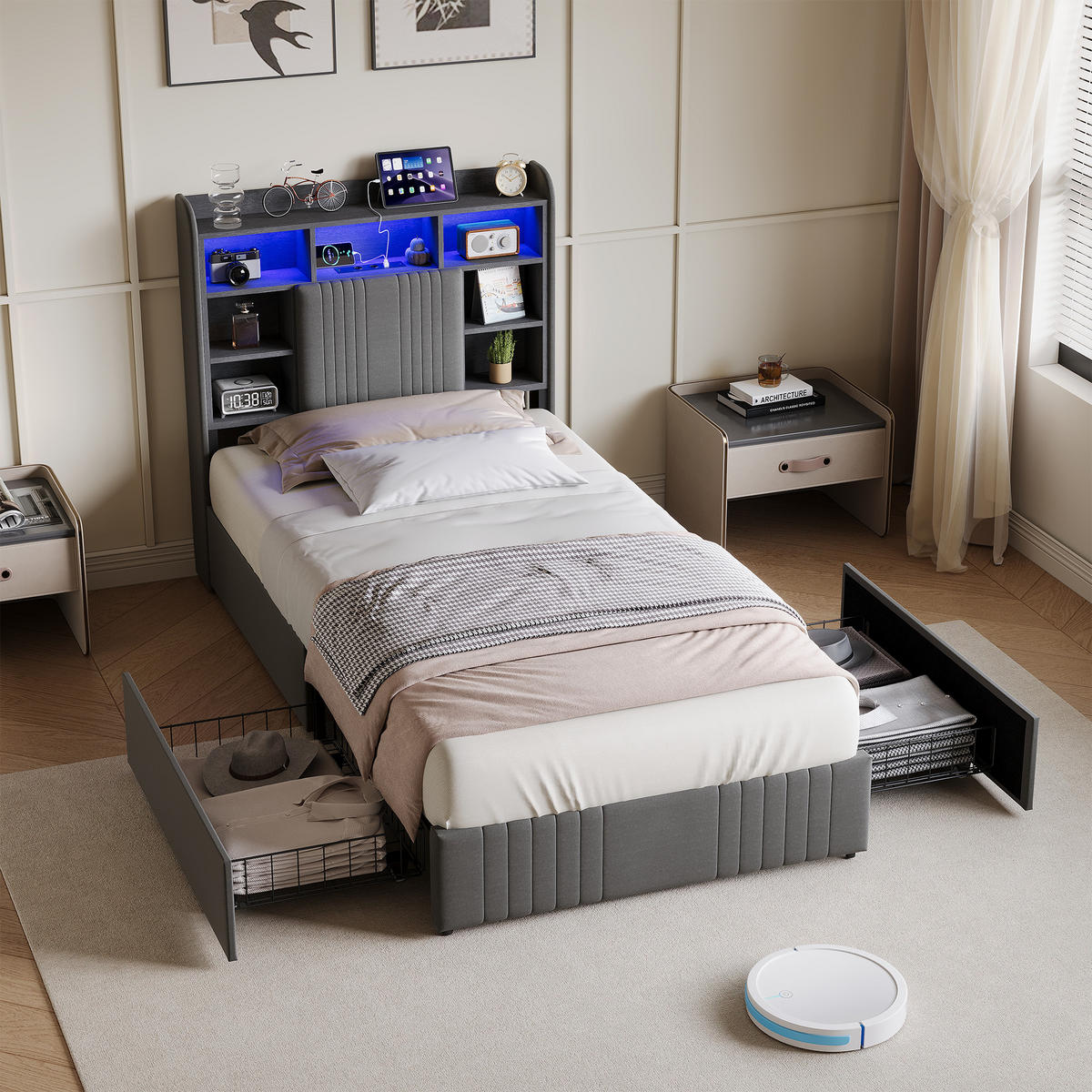 POLSTERBETT 90x200 cm LED USB 2 Schubladen Stauraum Kopfteil Leinen grau - Grau, Holz (90/200cm) - LEBENLANG