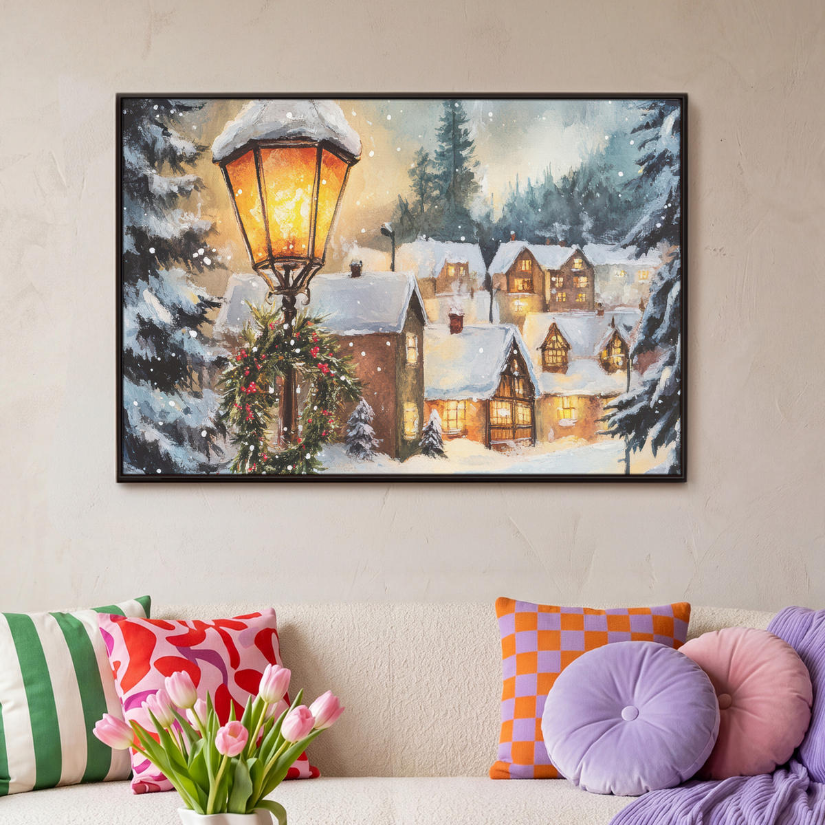 LEINWAND Bilder mit Rahmen - Weihnachtsdorf - Häuser - Schnee - Weihnachten - 90x60 - Sandfarben, Textil (90/60cm) - MuchoWow