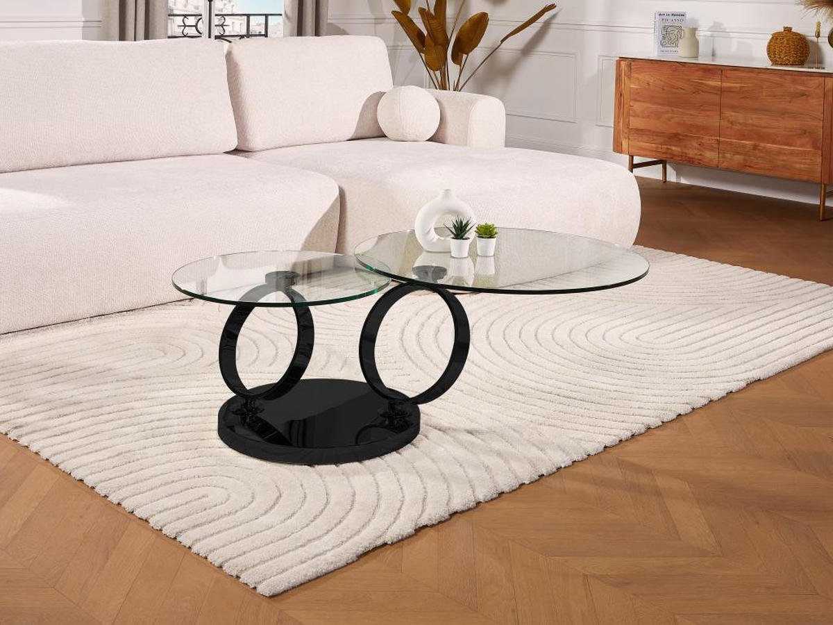 COUCHTISCH mit drehbaren Tischplatten - Sicherheitsglas & Metall - Transparent & Schwarz - JOLINE - Schwarz, Glas (131.5/80/42cm) - Vente-Unique
