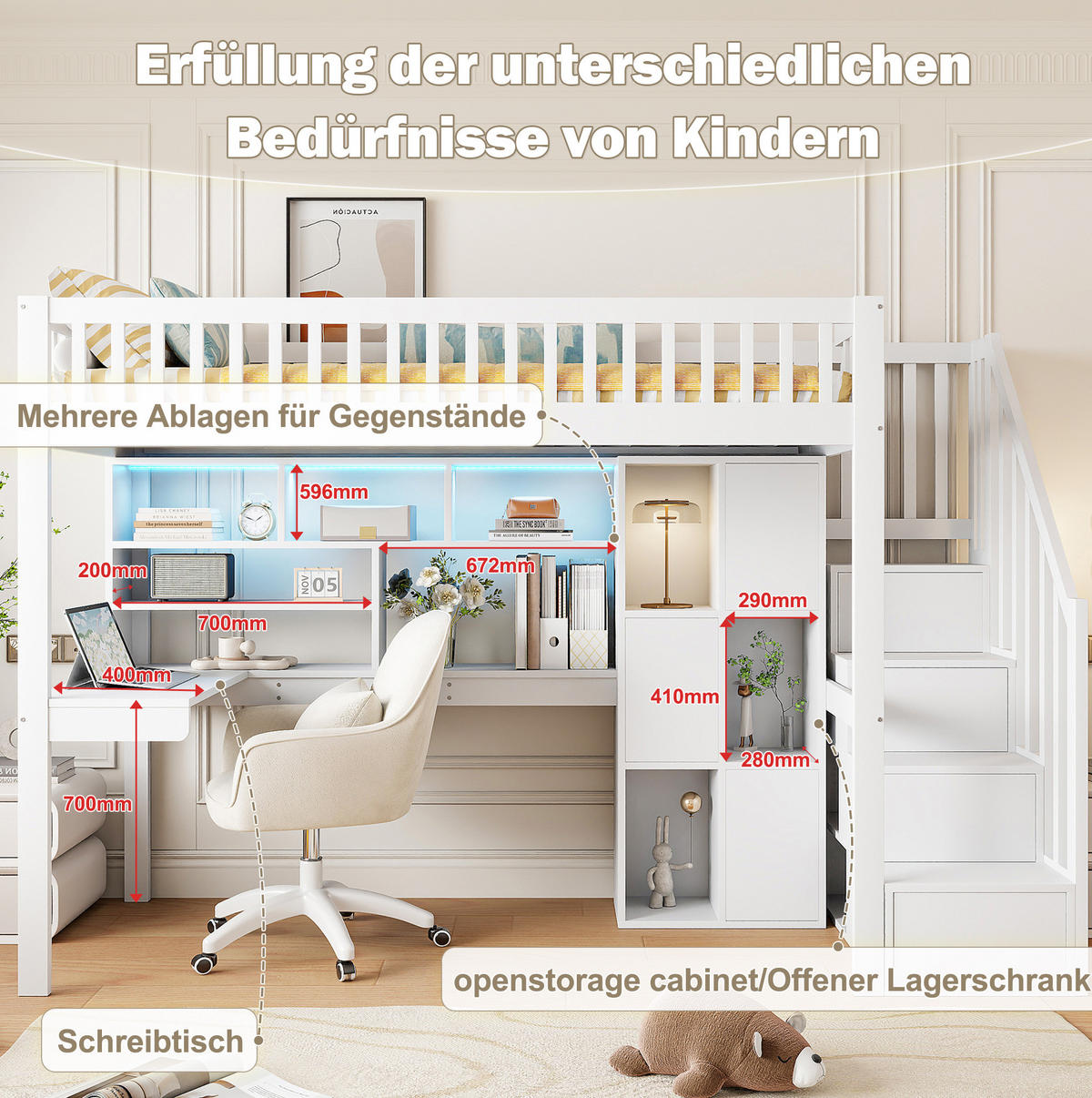 HOCHBETT 90/200 cm aus Kiefer und MDF mit Schreibtisch und LED-Beleuchtung Weiß - Weiß, Holz (90/200cm) - Modenvie