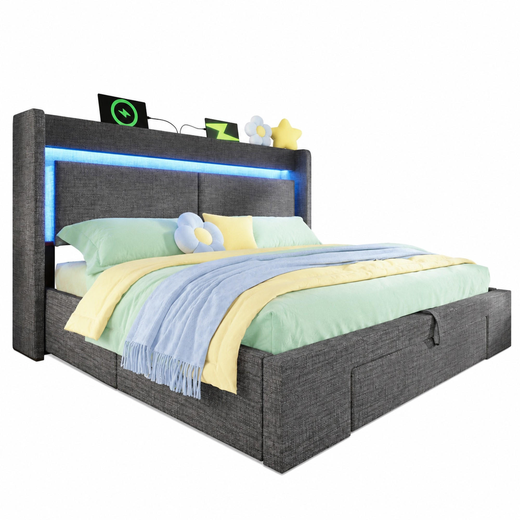 POLSTERBETT 160/200 mit Bettkasten, LED und USB-C in Grau - Grau, Holzwerkstoff/Textil (160/200cm) - EVRYAE