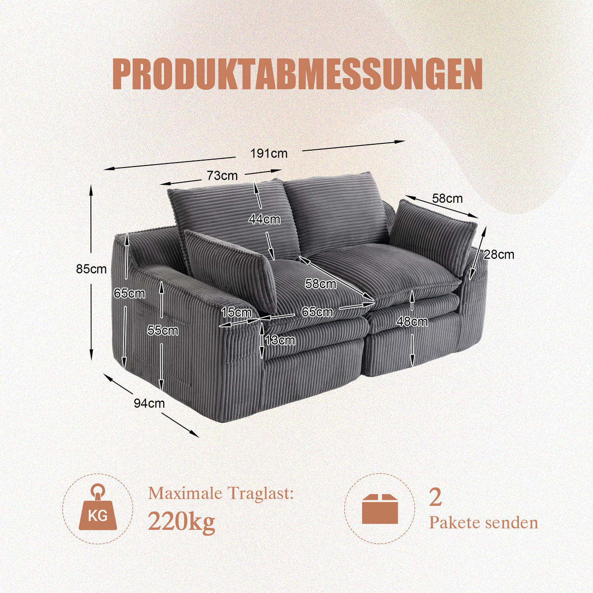 2-SITZER SOFA cordstoff mit seitentaschen & federkern - Dunkelgrau, Textil (191/85/94cm) - Urban Meuble